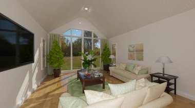 Duvarında televizyon olan bir oturma odasının 3 boyutlu çizimi