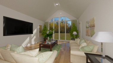 Duvarında televizyon olan bir oturma odasının 3 boyutlu çizimi