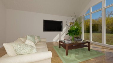 Duvarında televizyon olan bir oturma odasının 3 boyutlu çizimi