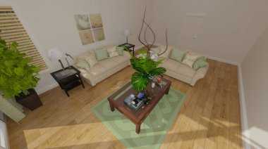 Duvarında televizyon olan bir oturma odasının 3 boyutlu çizimi