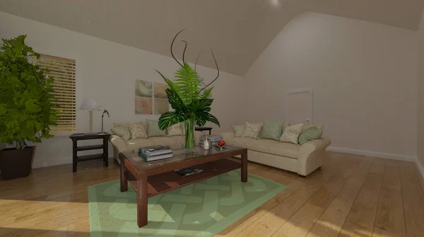 3d illustration of a living room with led tv on the wall