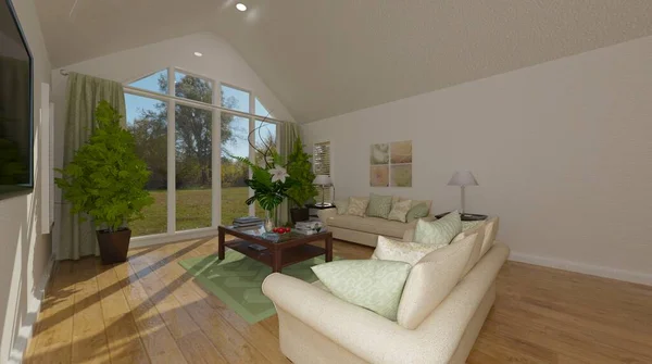 Duvarında televizyon olan bir oturma odasının 3 boyutlu çizimi