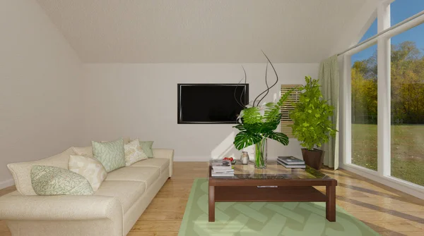 3d illustration of a living room with led tv on the wall