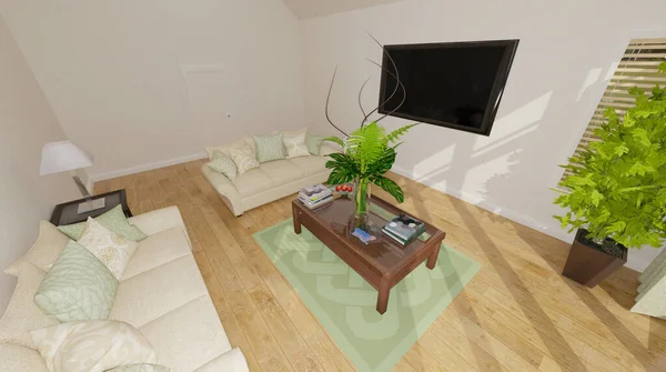 3d illustration of a living room with led tv on the wall