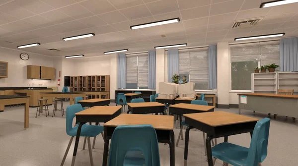 Okulun 3 boyutlu resim sınıfında öğrenci ve öğretmen yok.