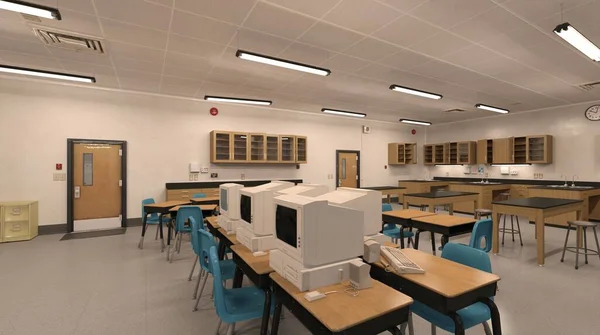 Okulun 3 boyutlu resim sınıfında öğrenci ve öğretmen yok.