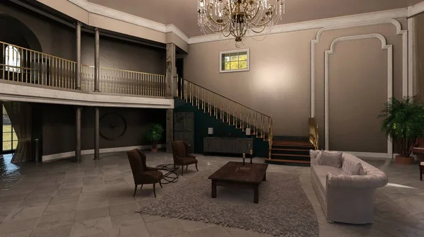 3D çizimler büyük salon şöminesi ve piyanosu olan büyük salon.