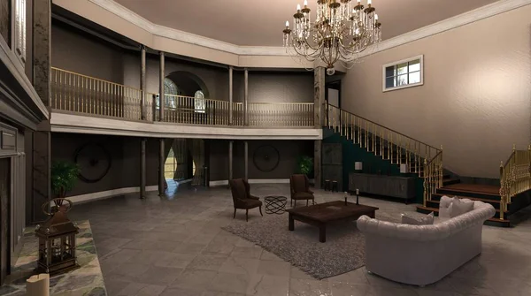 3D çizimler büyük salon şöminesi ve piyanosu olan büyük salon.
