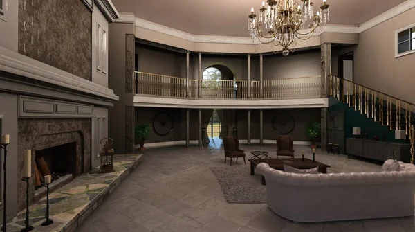 3D illustration great hall big foyer with fireplace and piano