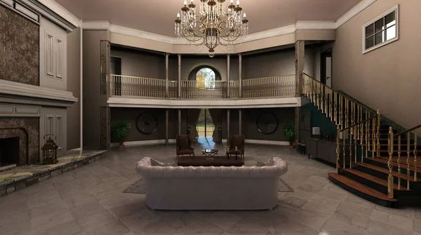 3Dイラスト暖炉とピアノ付きの偉大なホールの大きなホワイエ — ストック写真