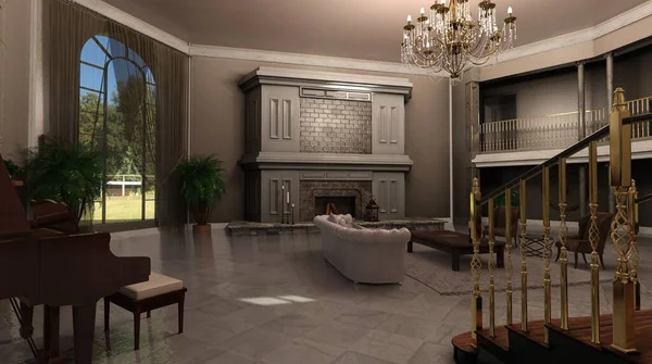 3D çizimler büyük salon şöminesi ve piyanosu olan büyük salon.