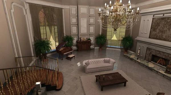 3D çizimler büyük salon şöminesi ve piyanosu olan büyük salon.
