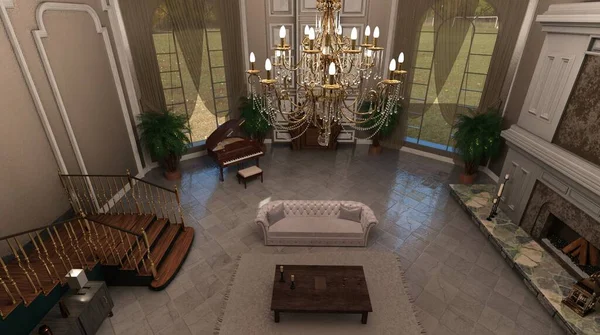 3D çizimler büyük salon şöminesi ve piyanosu olan büyük salon.