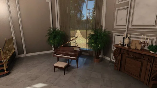 3D çizimler büyük salon şöminesi ve piyanosu olan büyük salon.