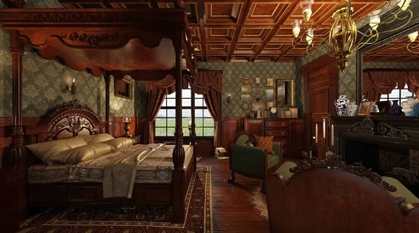 3D illustration interior victorian bedroom