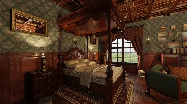 3D illüstrasyon iç Viktorya dönemi yatak odası