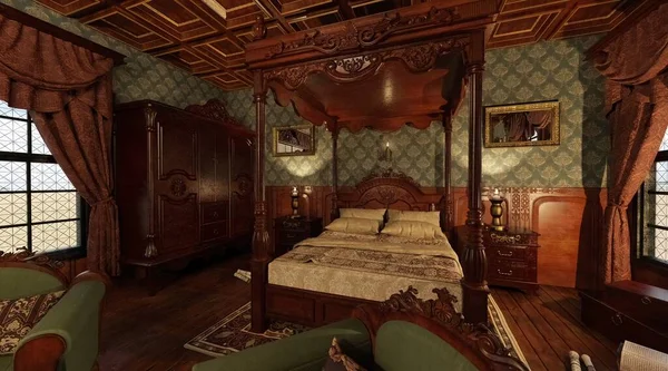 3D illustration interior victorian bedroom