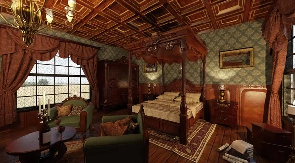 3D illustration interior victorian bedroom