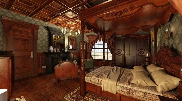 3D illüstrasyon iç Viktorya dönemi yatak odası