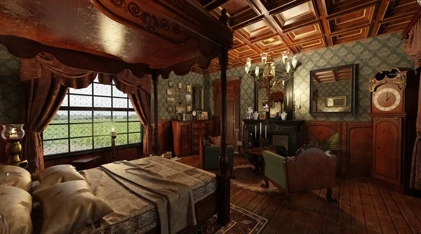 3D illüstrasyon iç Viktorya dönemi yatak odası