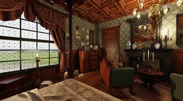 3D illüstrasyon iç Viktorya dönemi yatak odası