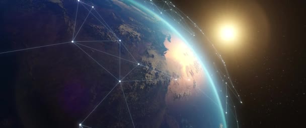 Digitalt Nät Över Jordens Soluppgång Internetanslutning Satelliter Global Nätverksanslutning Till — Stockvideo