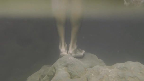Ayaklarını Suya Sok Sudaki Bir Taşın Üzerinde Ayaklar Uçurumdan Suya — Stok video