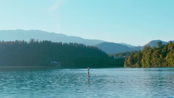 Όμορφη Νεαρή Γυναίκα Που Κάνει Καγιάκ Στη Λίμνη Κορίτσι Κωπηλατεί — Αρχείο Βίντεο