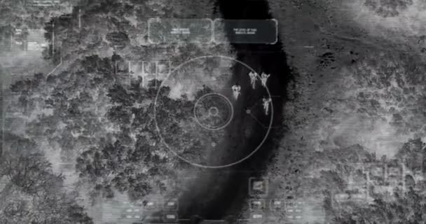 Dron Militar Espiando Grupo Soldados Patrullando Campo Desde Aire — Vídeo de stock