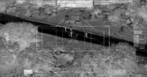 Drone Militar Espiando Grupo Soldados Patrulhando Campo — Vídeo de Stock