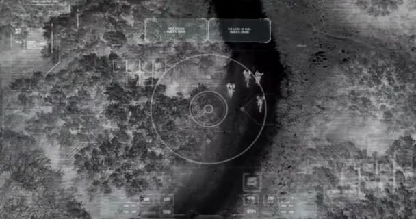 军用飞机从空中侦察一群在战场上巡逻的士兵 — 图库视频影像