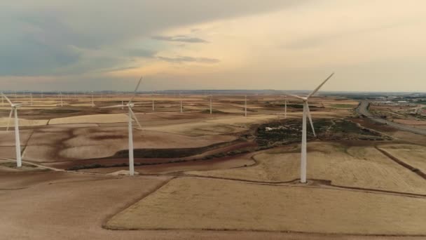 Large Wind Turbines Blades Field Aerial View Wind Park Slow — Stock Video