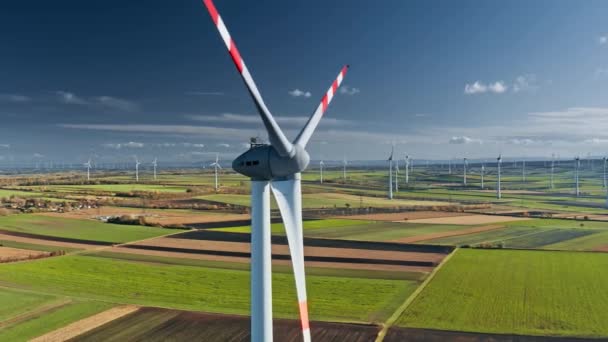 Large Wind Turbines Blades Field Aerial View Wind Park Slow — Stockvideo