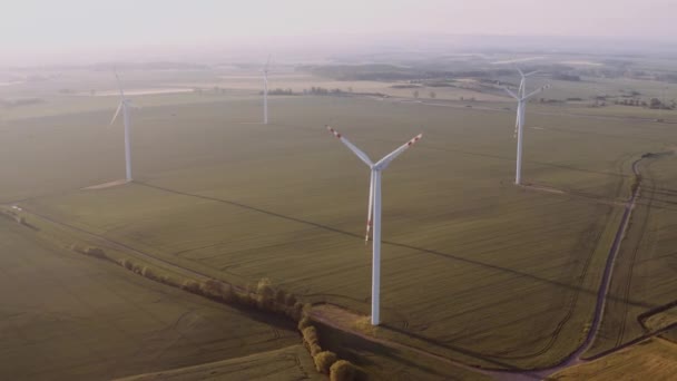 Grandes Turbinas Eólicas Com Lâminas Uma Visão Aérea Campo Parque — Vídeo de Stock