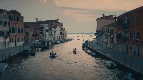 Grand Canal Van Venetië Bij Zonsondergang Waterbussen Typische Venetiaanse Huizen — Stockvideo