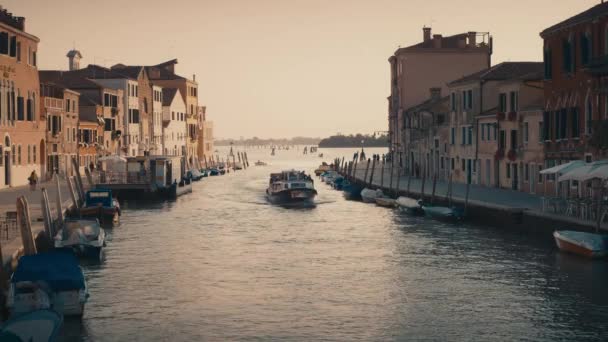 Velence Nagy Csatornája Naplementekor Vízi Buszok Tipikus Velencei Házak Építészet — Stock videók