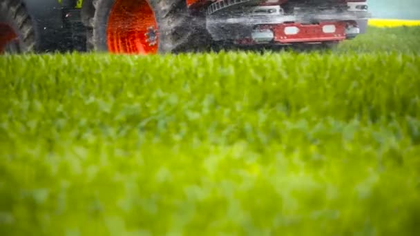 Trekker Voor Pesticidensproeiers Werkt Bij Zonsondergang Een Groot Groen Veld — Stockvideo