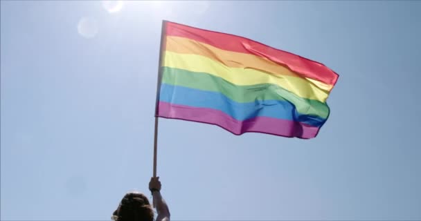 Lgbt Kebanggaan Bendera Pelangi Melambaikan Tangan Selama Perayaan Kebanggaan Orang — Stok Video