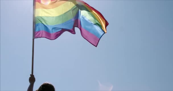 Lgbt Gay Pride Bandiera Arcobaleno Sventola Durante Celebrazione Dell Orgoglio — Video Stock