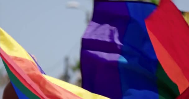 Lgbt Gay Trots Regenboog Vlag Zwaaien Tijdens Trots Viering Mensen — Stockvideo