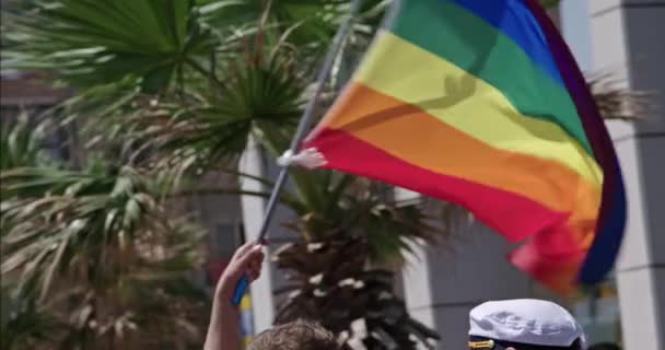 Bandera Del Arco Iris Del Orgullo Gay Lgbt Ondeando Durante — Vídeo de stock