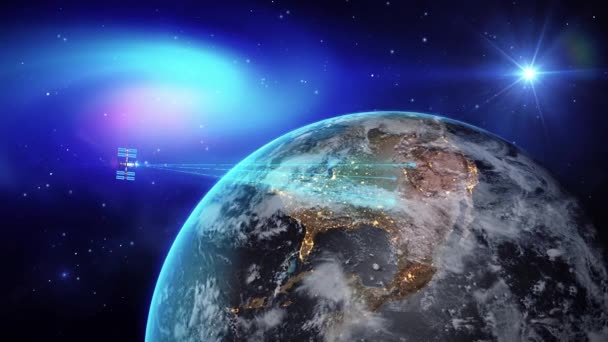 Animation Earth Space Globe Rotates Satellite Dark Background Satellites Analyze — Stock Video