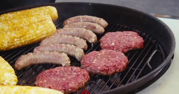 Sausages Cutlets Grilled Sweet Corn Steaming Grill Fire Friends Having — Wideo stockowe