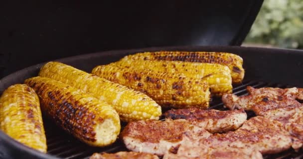 Ribs Chicken Sticks Grilled Sweet Corn Steaming Bbq Fire Friends — Stock Video