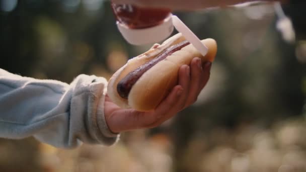 Hot Dog Street Food Unhealthy Man Hand Holds Sausage Bun — Videoclip de stoc