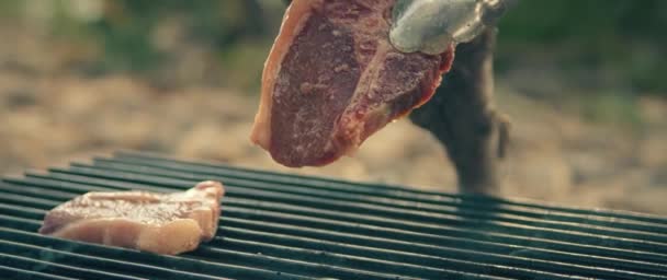Delicious Meat Steak Falls Barbecue Grill Fire Burning Juicy Striped — Vídeo de Stock
