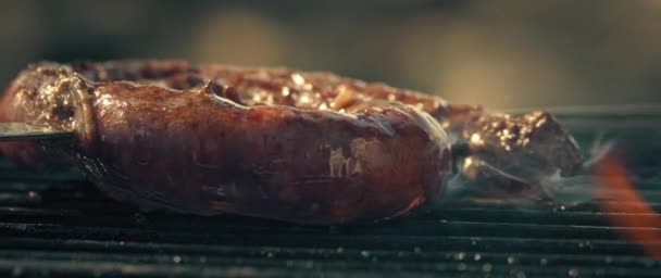 Saucisses Frites Sur Une Brochette Sur Gril — Video