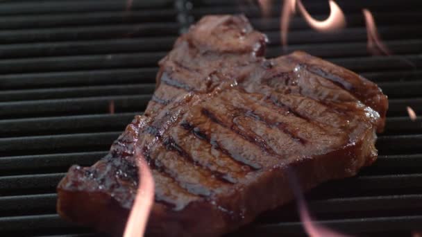 Grilled Beef Rib Eye Steak Oil Garlic Fire Grilled Beef — Stockvideo