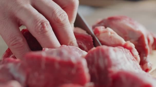 Beef Fillet Cutting Board Meat Preparation Cruel Male Hands Knife — 图库视频影像