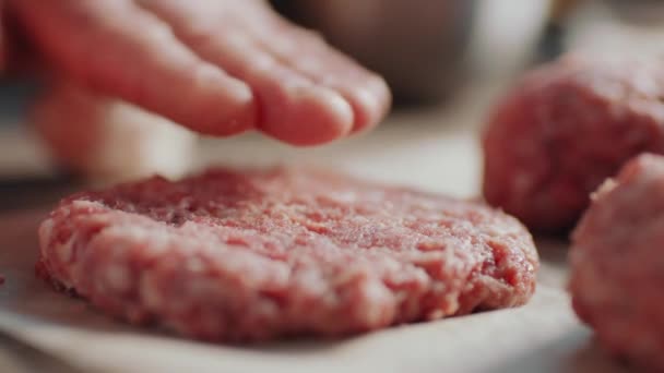 Chef Prepares Raw Meat Burger Patty Cooking Food — Stockvideo